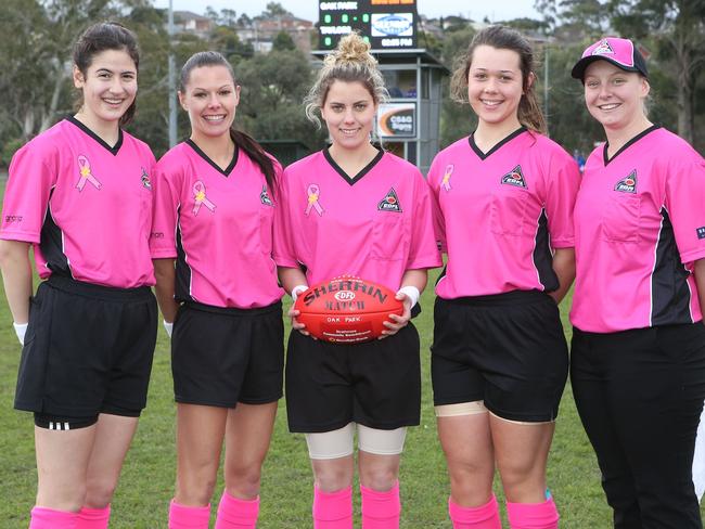 One of the all-female umpiring teams from the weekend's matches between Glenroy and Hillside - Julia Montesano (boundary), Amy McQuade (field), Natalie Pace (field), Danielle Murphy (boundary), Penny Godsell (goal). PHOTO MUST CREDIT: GLENN BAILEY, www.jagimaging.com.au EDFL Female Umpires