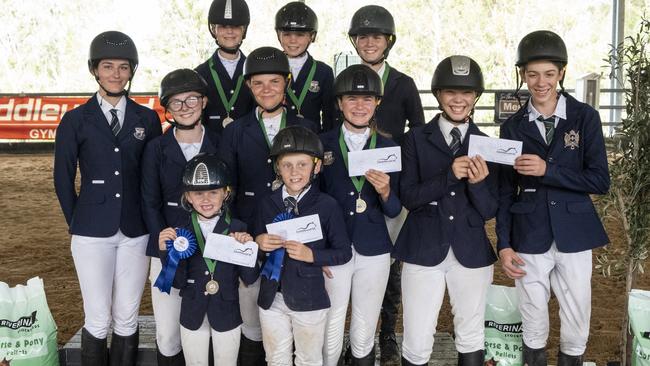 Victory College Interschool Show Jumping Competition's victorious primary and secondary teams (back, from left) Charlie Neil, Emily Davis, Olivia Hewitt-Toms, (middle row) Alyx Peters, Marnie Turner, Makayla Godwin, Saachi Stiefler, Madilyn Jessup-Little, Callum Lehman and (front row) Arianah Bazzan and Jameson Bazzan.