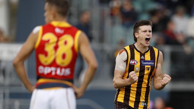 Mitch Lewis celebrates a key goal for the Hawks. Picture: Getty Images