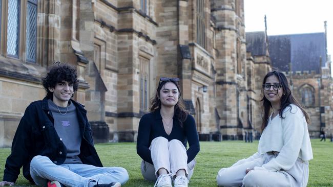 International students Vaastav Varma, Tamara Bruers and Aashna Kotwani at Sydney University. Picture: Nikki Short