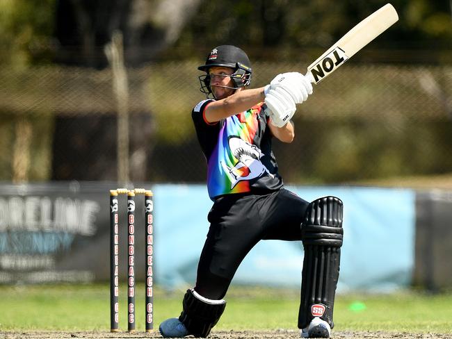 Tom Smith of Bonbeach bats during the Cricket Southern Bayside match between Bonbeach and Mordialloc at Bonbeach Sports Reserve, on November 18, 2023, in Melbourne, Australia. (Photo by Josh Chadwick)