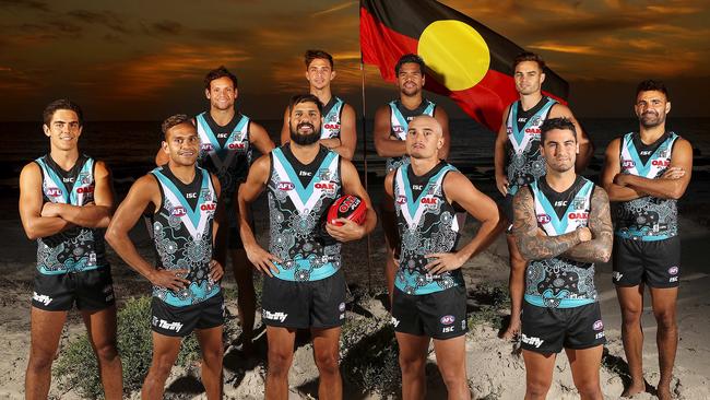 Port Adelaide’s indgenous players, from front left, Joel Garner, Dom Barry, Paddy Ryder, Sam Powell-Pepper, Chad Wingard. From back left, Steven Motlop, Aidyn Johnson, Jake Neade, Karl Amon and Lindsay Thomas. Picture: Sarah Reed