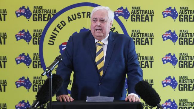 Clive Palmer addresses a United Australia Party event in Hobart. Pic: NIKKI DAVIS-JONES