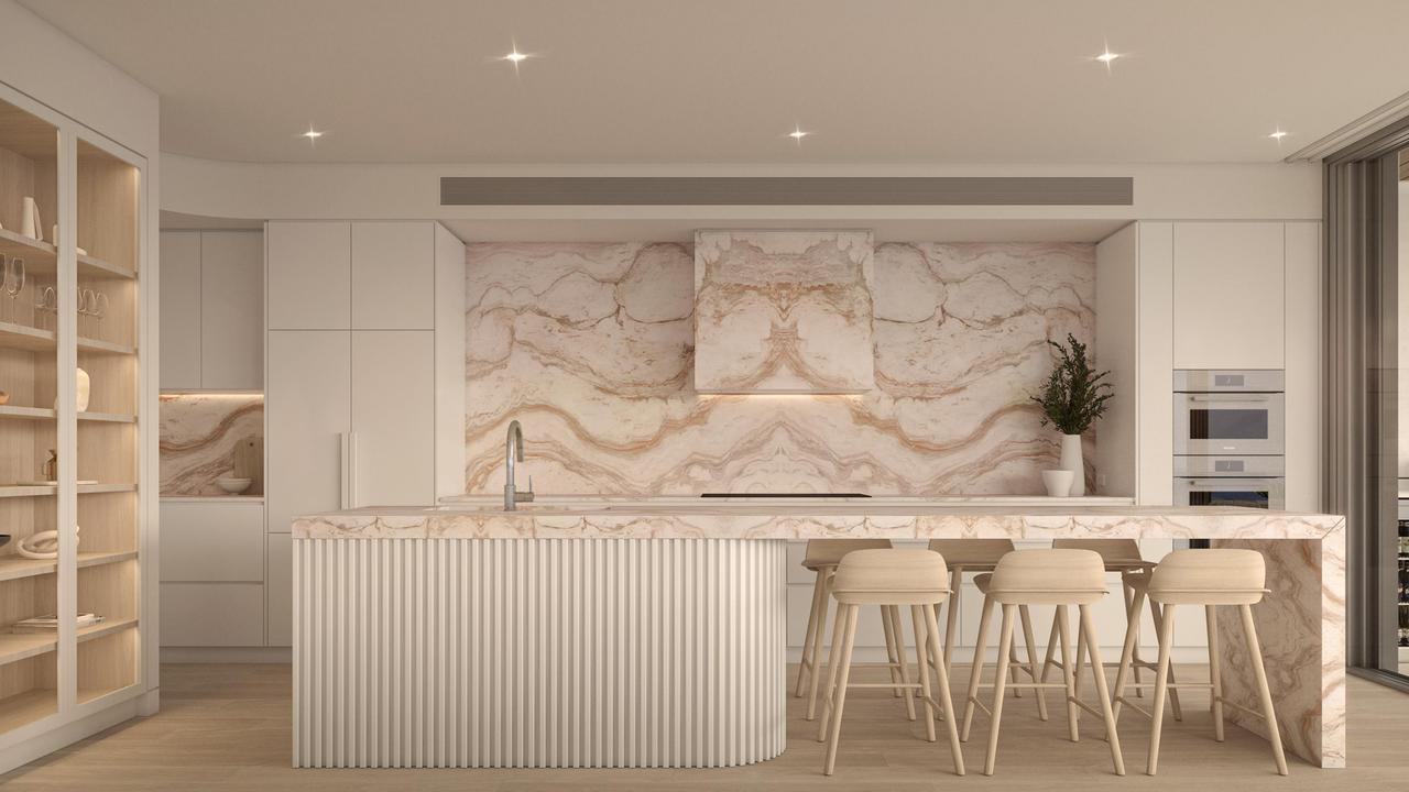 An artist’s impression of one of the kitchens in an apartment in Rockpool by Joe Adsett in Rainbow Bay.