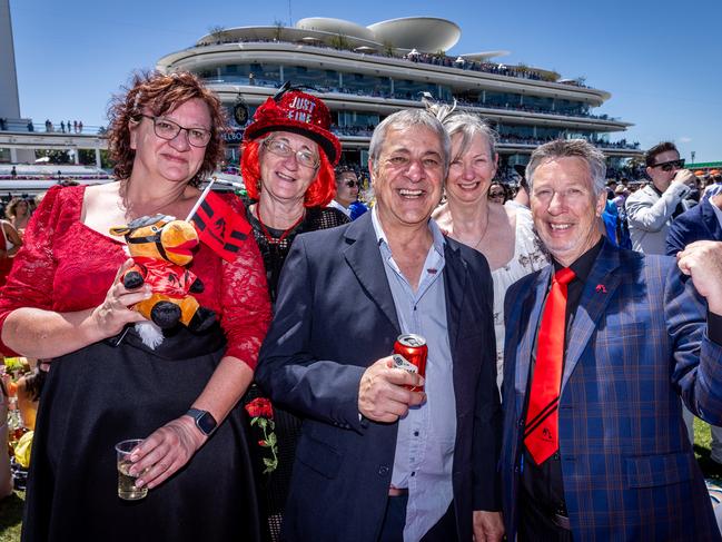 Just Fine syndicate members Vicki Booes, Elizabeth Bellos, David Buttigieg, Sharon Crapper and Kevin Fraser at the Cup. Picture: Jake Nowakowski