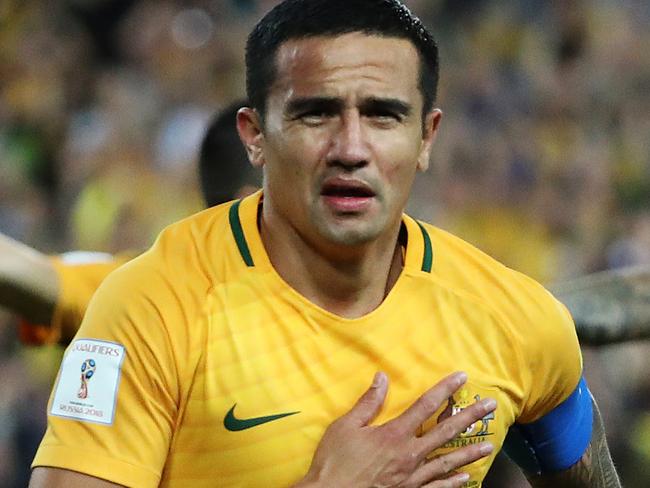 Socceroos Tim Cahill celebrates after scoring his second goal during the Socceroos v Syria World Cup Qualifier at ANZ Stadium, Sydney. Picture: Brett Costello