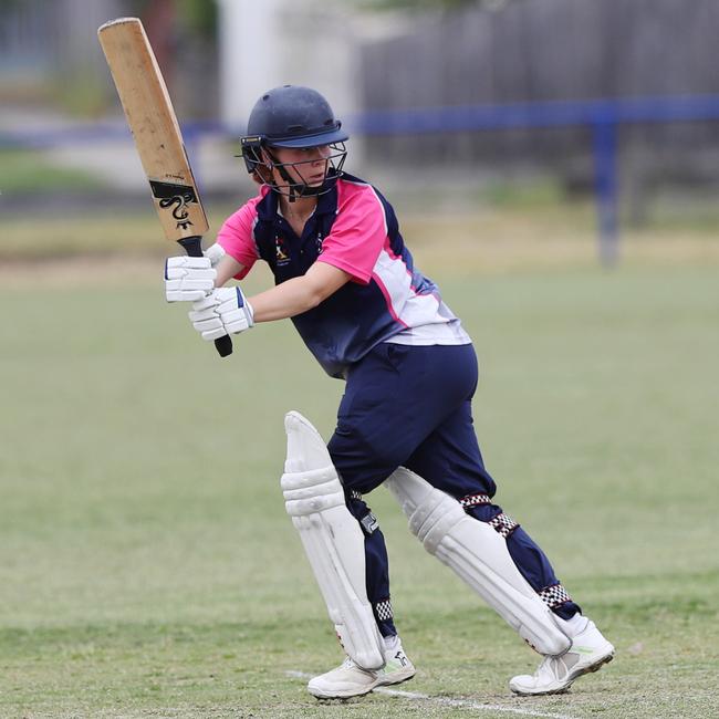 Geelong City Sharks’ opening batter Lily Foster plays a shot earlier this season. Picture: Alan Barber