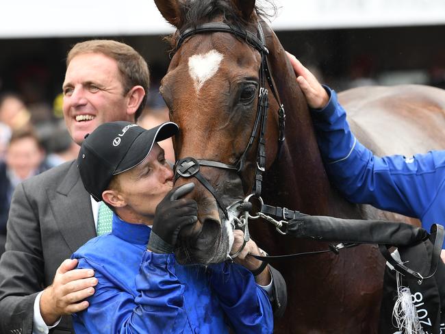 Kerrin McEvoy kisses Cross Counter after the gelding won the Melbourne Cup.