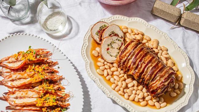 Elizabeth Hewson's crispy turkey roll with Lennox Hastie's classic summer prawns.