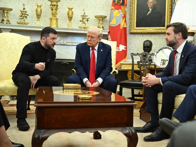 Ukraine's President Volodymyr Zelensky speaks to US Vice President JD Vance as they meet with President Donald Trump in the Oval Office of the White House in Washington, DC, February 28, 2025. Zelensky on February 28 told Trump there should be "no compromises" with Russian President Vladimir Putin as the parties negotiate to end the war after Moscow's invasion. (Photo by SAUL LOEB / AFP)