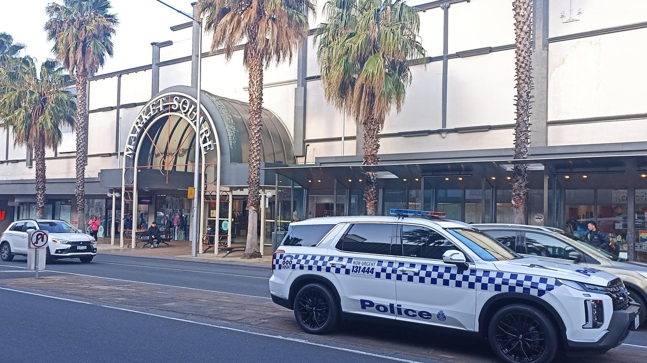 Geelong police swarmed Market Square yesterday targeting persons of interest as part of a safety blitz in the CBD. Photos: Victoria Police.