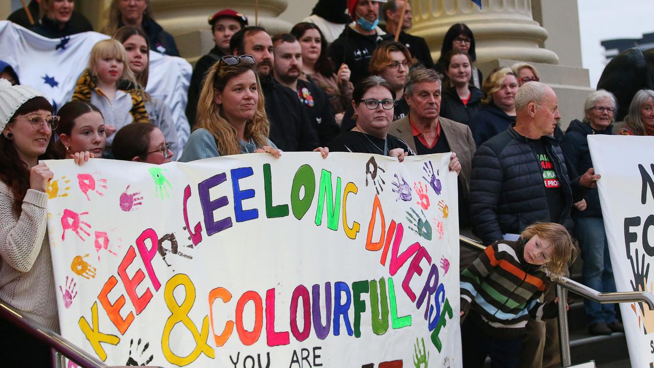 About 100 people attended the rally on the steps of City Hall in Geelong Picture: Alan Barber