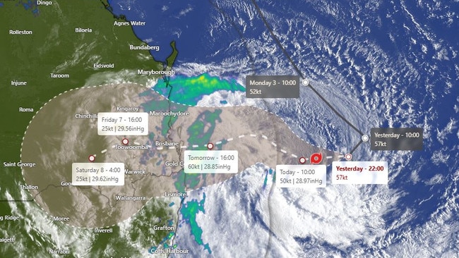 Cyclone Alfred's forecast path, with landfall expected 7am Friday.