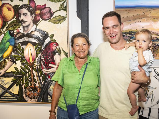 Jenny Durack with Adam Mayes and his nephew Archie Mayes at The Toowoomba Gallery for The Next Big Thing art prize and exhibition, Friday, March 1, 2024. Picture: Kevin Farmer