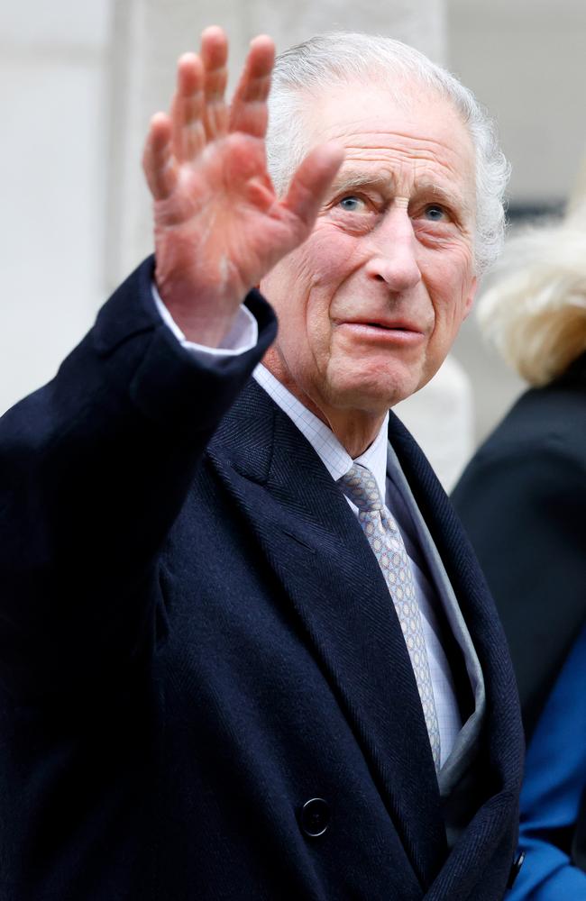 King Charles III waves while departing The London Clinic after a procedure for an enlarged prostate, having stayed three nights with visits from Queen Camilla. Picture: Max Mumby/Indigo/Getty Images