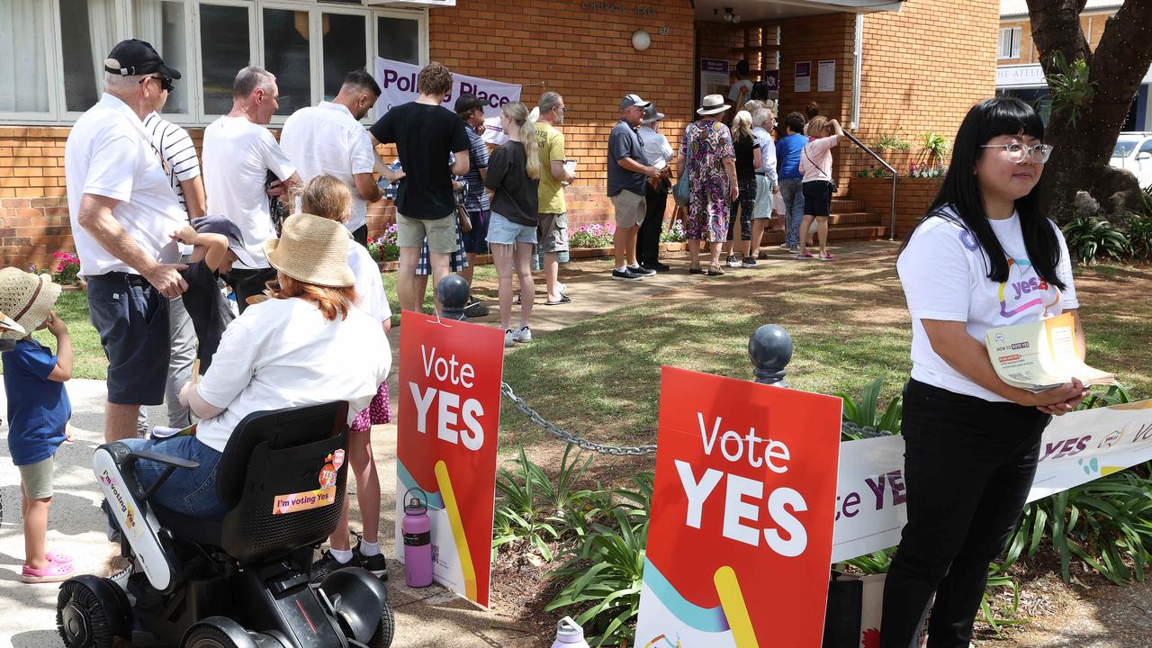 Voting queues for the Referendum on the Voice at St Augustine’s Church Hall, Hamilton, QLD. Picture: Liam Kidston