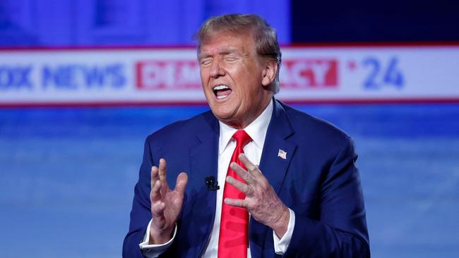 Donald Trump gestures during his ‘town hall’ TV discussion. Picture: AFP