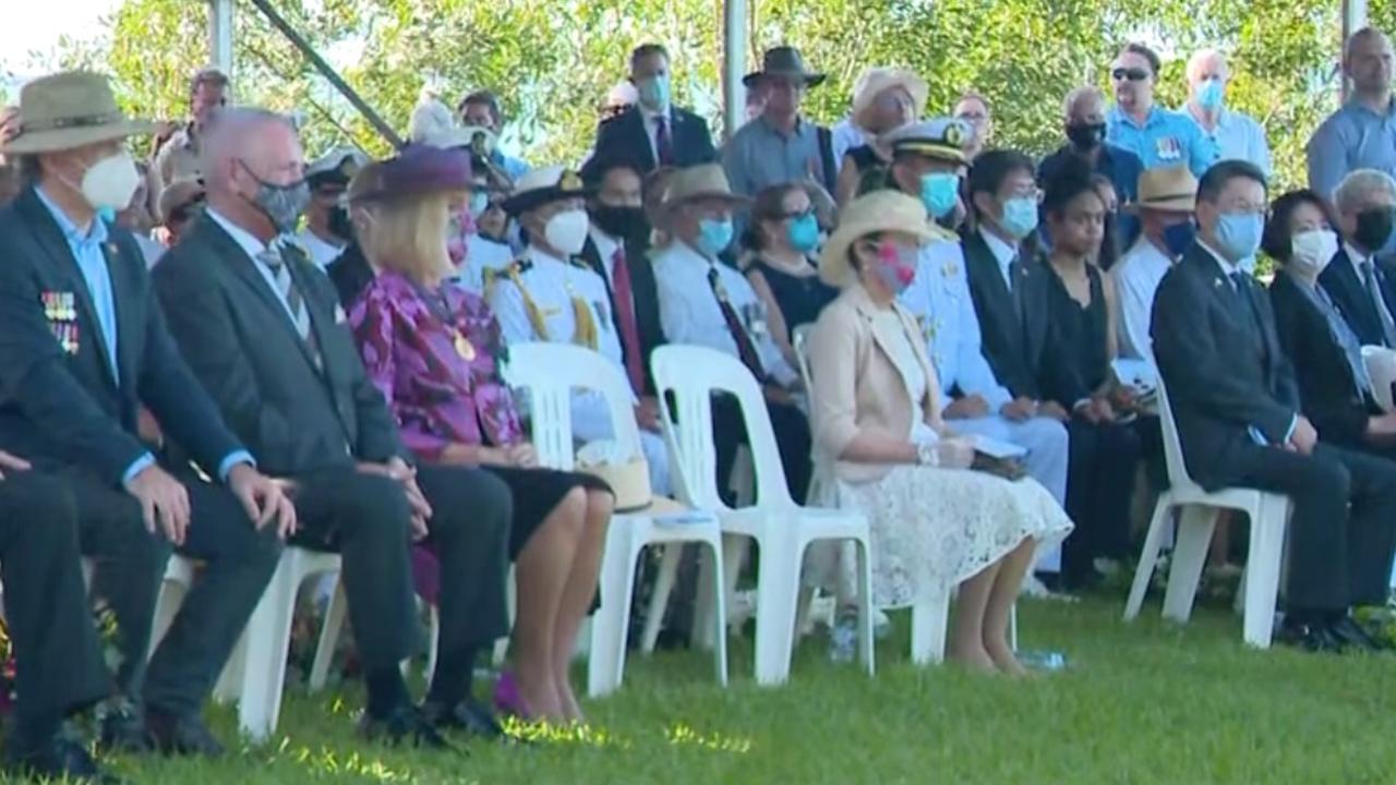 Two chairs left open for Prime Minister Scott Morrison at the USS Peary memorial. Picture: Nine Network