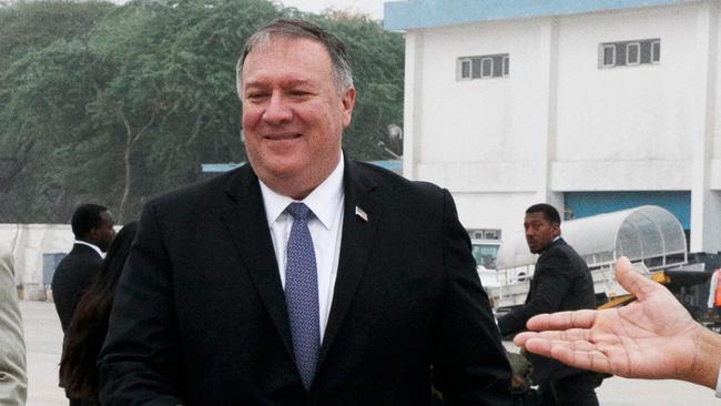 US Secretary of State Mike Pompeo boards his plane in New Delhi en route to Osaka yesterday. Picture: AFP