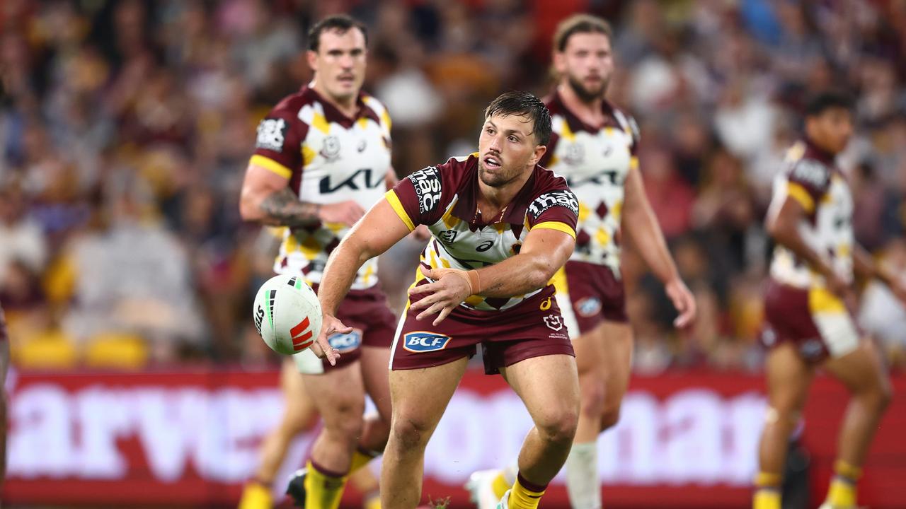 Tyson Smoothy fires off a pass for the Brisbane Broncos. Picture: Getty Images