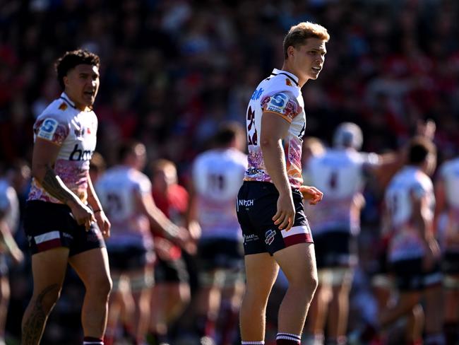 CHRISTCHURCH, NEW ZEALAND - MARCH 09: Frankie Goldsbrough of the Reds looks on during the round four Super Rugby Pacific match between Crusaders and Queensland Reds at Apollo Projects Stadium, on March 09, 2025, in Christchurch, New Zealand. (Photo by Joe Allison/Getty Images)