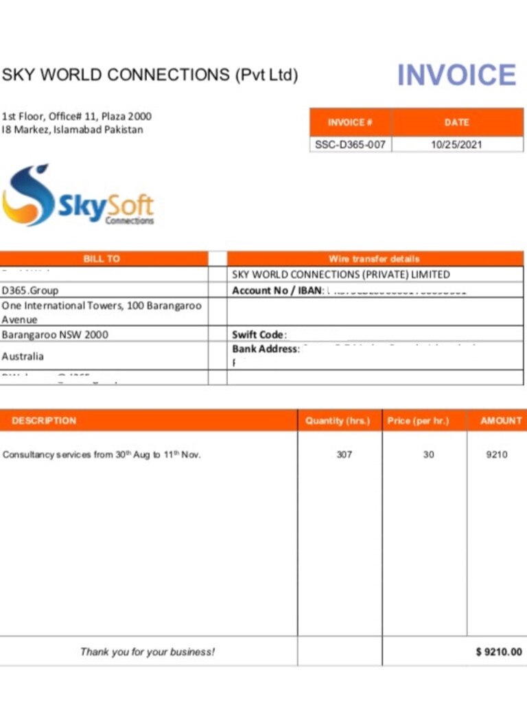 The last invoice Mr Ahmad sent that he says has not been paid.