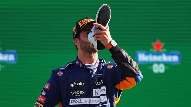 Ricciardo celebrated his first race win for McLaren with a champagne-filled “shoey”. (Photo by Lars Baron/Getty Images)