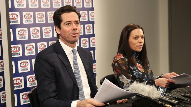 AFL CEO Gillon McLachlan and AFL Tasmania CEO Trisha Squires at Blundstone Arena. Picture: LUKE BOWDEN