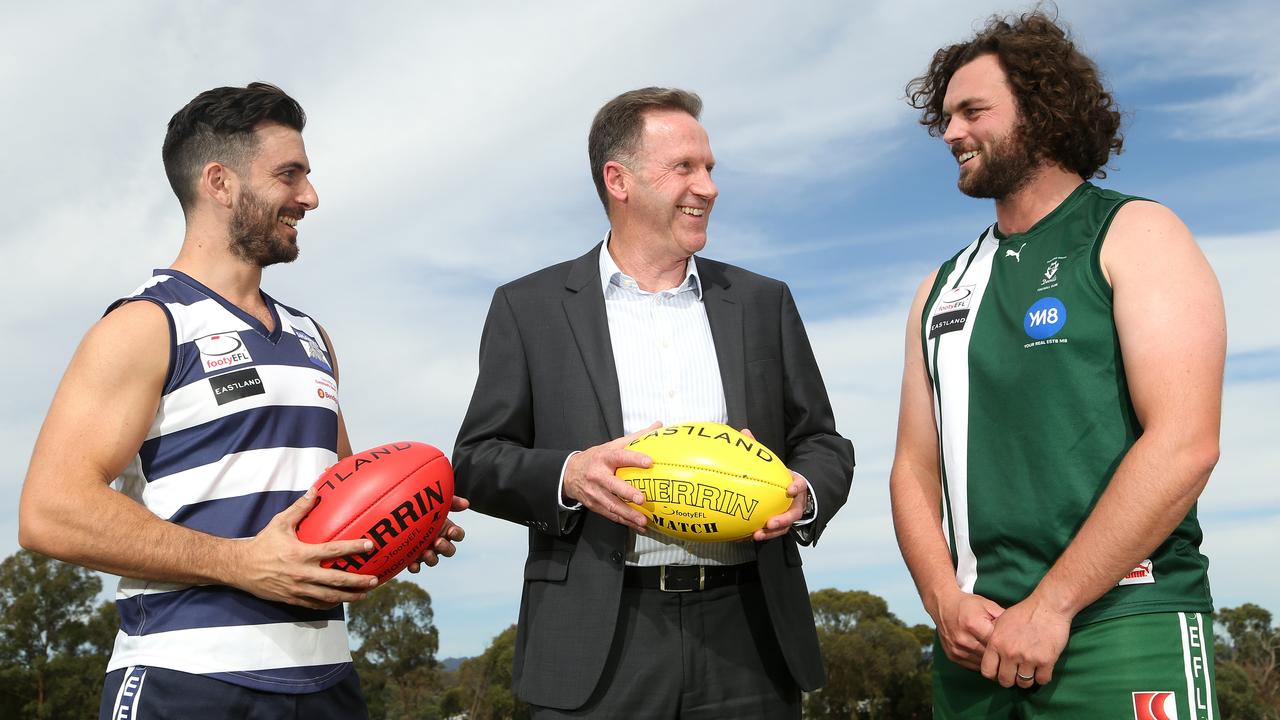 Players like these two, from the Eastern Football League, can’t play until May. Picture: Hamish Blair