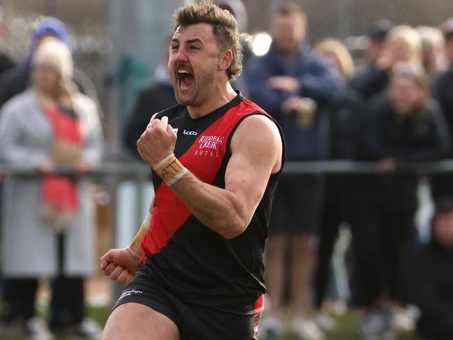 RDFL grand final: Riddell v Diggers Rest: Dylan Tarczon of Riddell (R) celebrates a goal on Sunday September 11th, 2022, in Romsey, Victoria, Australia.Photo: Hamish Blair