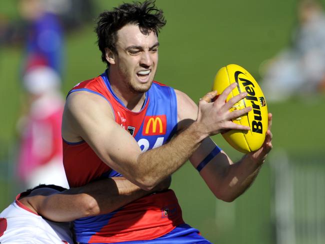 WAFL. West Perth v South Fremantle at Joondalup Arena. pictured -West Perths Max Duffy is tackled by South Fremantle's Marlion Pickett.