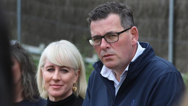 Victorian Premier Daniel Andrews, with his wife Catherine, made an announcement on dog park and animal welfare funding at Pawfield Park Fenced Dog Park in Melbourne. Picture: NCA NewsWire/David Crosling