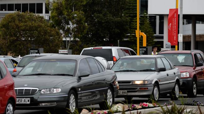 Cars line up at the boomgates at Westfield West Lakes. Photo: Naomi Jellicoe