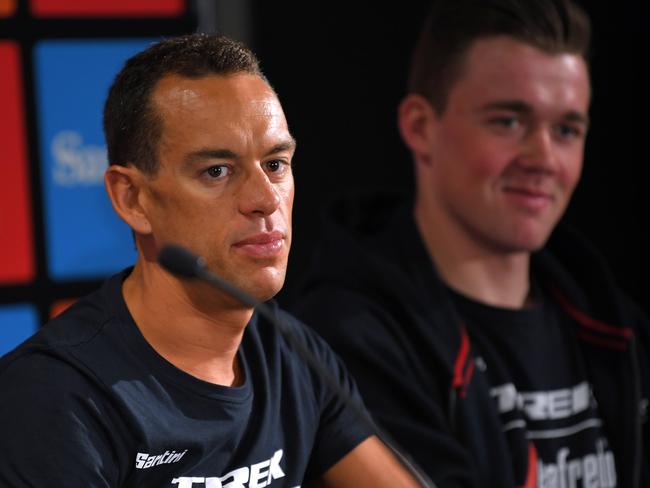 ADELAIDE, AUSTRALIA - JANUARY 20: Richie Porte of Australia and Team Trek-Segafredo / Mads Pedersen of Denmark and Team Trek-Segafredo / during the 22nd Santos Tour Down Under 2020 - Press Conference / TDU / @tourdownunder / on January 20, 2020 in Adelaide, Australia. (Photo by Tim de Waele/Getty Images)