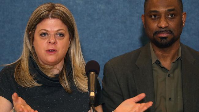 Husband and wife restaurateurs Khalid Pitts and Diane Gross speak during a news conference about their unfair competition lawsuit against President Donald Trump. Picture: Mark Wilson/Getty Images/AFP