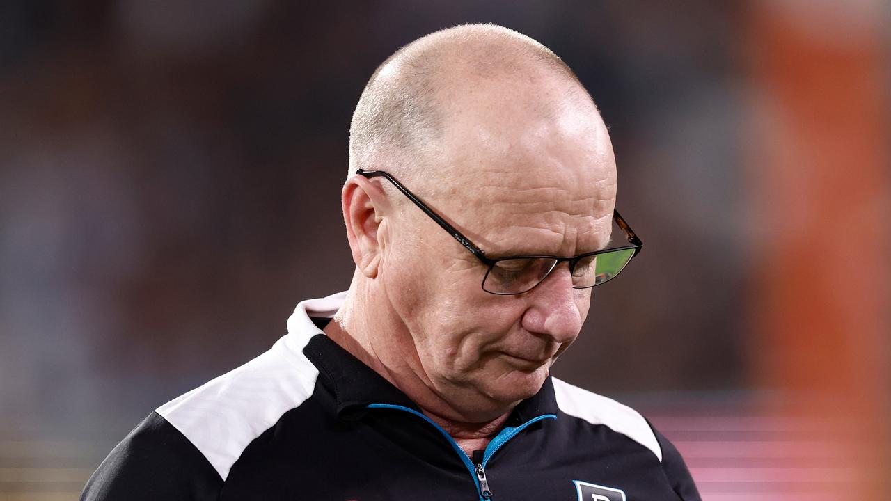 ADELAIDE, AUSTRALIA - SEPTEMBER 05: Ken Hinkley, Senior Coach of the Power looks on during the 2024 AFL Second Qualifying Final match between the Port Adelaide Power and the Geelong Cats at Adelaide Oval on September 05, 2024 in Adelaide, Australia. (Photo by Michael Willson/AFL Photos via Getty Images)