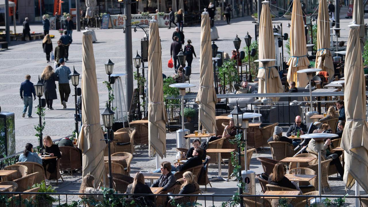 Central Stockholm in April where restaurants and bars remained open. Picture: Anders WIKLUND / TT News Agency / AFP) / Sweden OUT