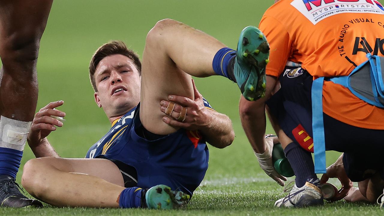 Tom Opacic down with a hamstring injury during the semi final. Picture: Mark Kolbe/Getty Images