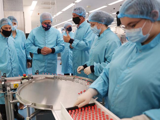 Prime Minister Scott Morrison and Health Minister Greg Hunt visit the CSL plant responsible for making and delivering the AstraZeneca Covid-19 vaccine in Melbourne. Picture: Adam Taylor PMO Via NCA NewsWire