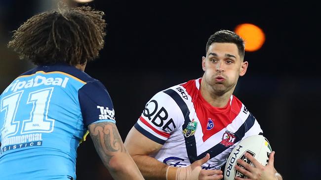 GOLD COAST, AUSTRALIA - JULY 15: Ryan Matterson of the Roosters runs the ball during the round 18 NRL match between the Gold Coast Titans and the Sydney Roosters at Cbus Super Stadium on July 15, 2018 in Gold Coast, Australia. (Photo by Chris Hyde/Getty Images)