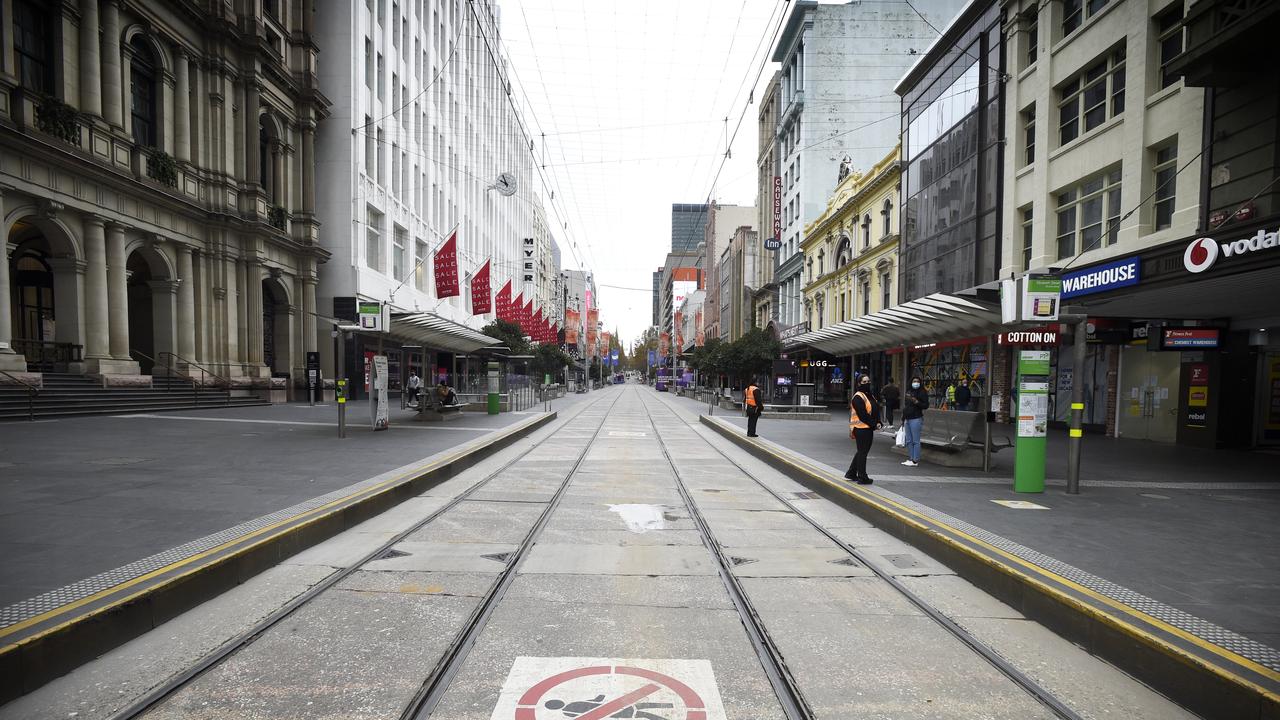 Bourke Street Mall is almost empty during the morning peak on the first day of lockdown. Picture: NCA NewsWire / Andrew Henshaw