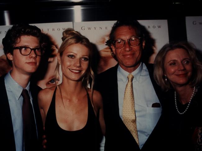 Gwyneth Paltrow with her brother Jake and her parents Blythe and Bruce Paltrow in 1996. Paltrow credited her father with bringing her back down to earth. Picture: Supplied