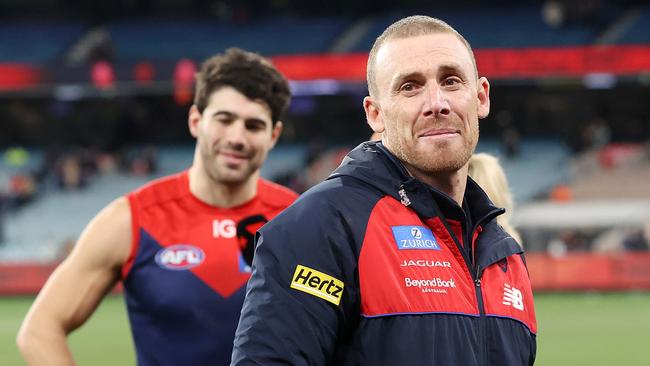 MELBOURNE, JULY 14, 2023: 2023 TOYOTA AFL PREMIERSHIP - Round 18. Melbourne Demons v Brisbane Lions at the MCG. Simon Goodwin coach of the Demons after the win. Picture: Mark Stewart