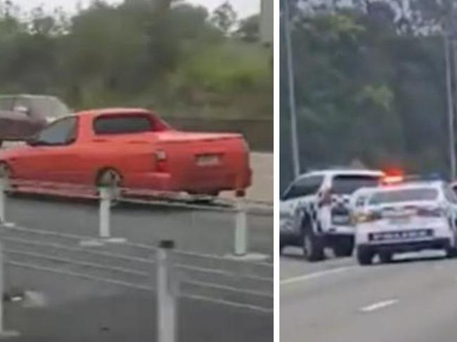 Wild footage has emerged of the moment a man was arrested for driving down the wrong side of a busy highway in Queensland. Picture: 9NEWS