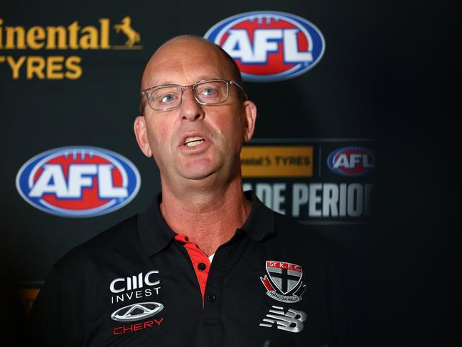 St Kilda’s GM of football David Misson during the trade period. Picture: Josh Chadwick/AFL Photos via Getty Images.