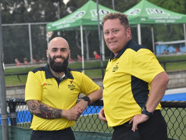 Brisbane's James Pola and Townsville's Rob Lewis at the Hockey Queensland under-18 menâ€™s state championships in Rockhampton from April 25 to 28, 2024.