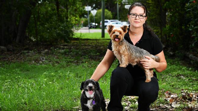 Henriette Lategan with her 2yo Moodle Lola and 6yo Yorkshire Terrier Jakkals, urging people to look out for toads in their backyards. Picture: Alix Sweeney