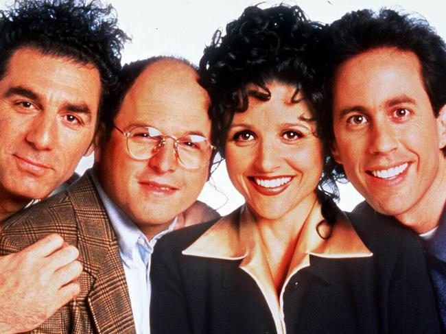 Cast of TV program "Seinfeld" from left actor Michael Kramer with Jason Alexander, Julia Louis-Dreyfus and Jerry Seinfeld./TV/programs/Titles/Seinfeld