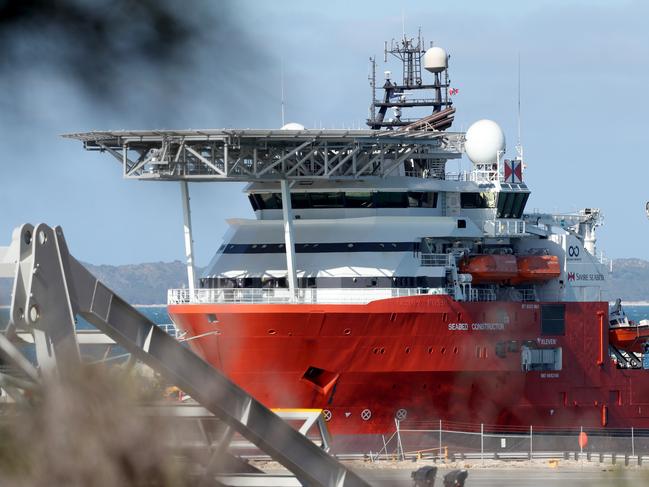 The Seabed Constructor ship is seen docked in Henderson, south of Perth, Friday, February 9, 2018. The ship had been scouring the ocean floor in the southern Indian Ocean for wreckage. Picture: AAP