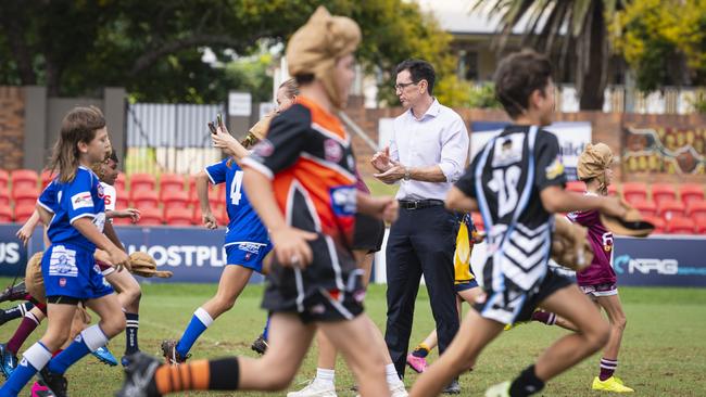 Queensland Rugby League CEO Ben Ikin at the finish line for a race for TRLJ players at the announcement that the Queensland Maroons will visit Toowoomba for a fan day and training ahead of Game 2, Wednesday, March 13, 2024. Picture: Kevin Farmer